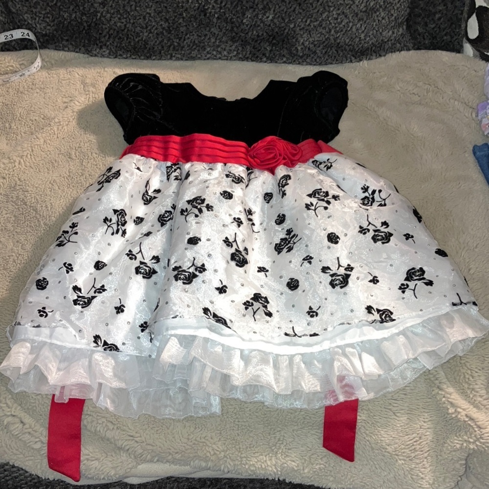 Bonnie Baby Lace Overlay Dress with Illusion Neckline and Ribbon Waistline, 24mo